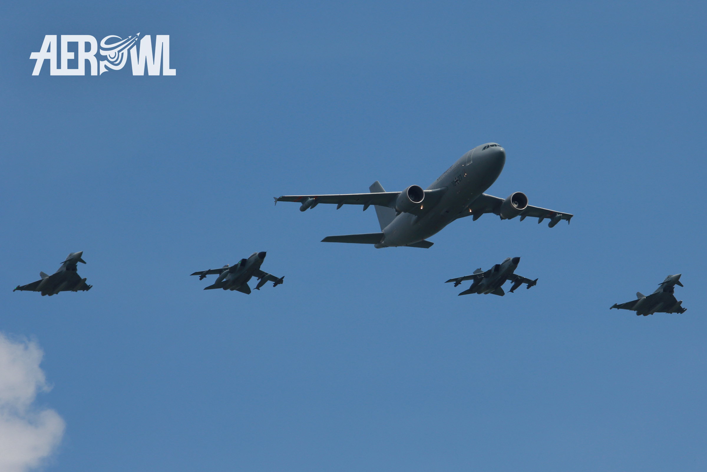 An Airbus A330MRTT simulates the aerial refueling of Tornados and Eurofighters over BER Airport during the ILA 2014 in Berlin/Brandenburg, Germany.