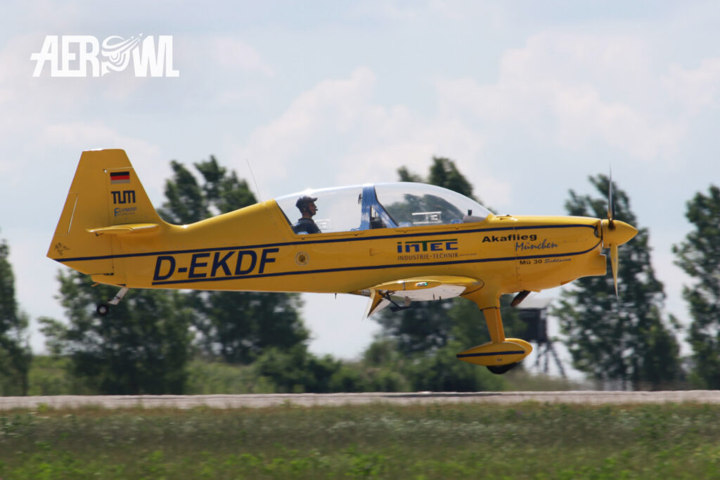 A german Akaflieg Mรผnchen Mรผ 30 โSchlacroโ take off during the ILA 2014 at the BER airport Berlin/Brandenburg in Germany.
