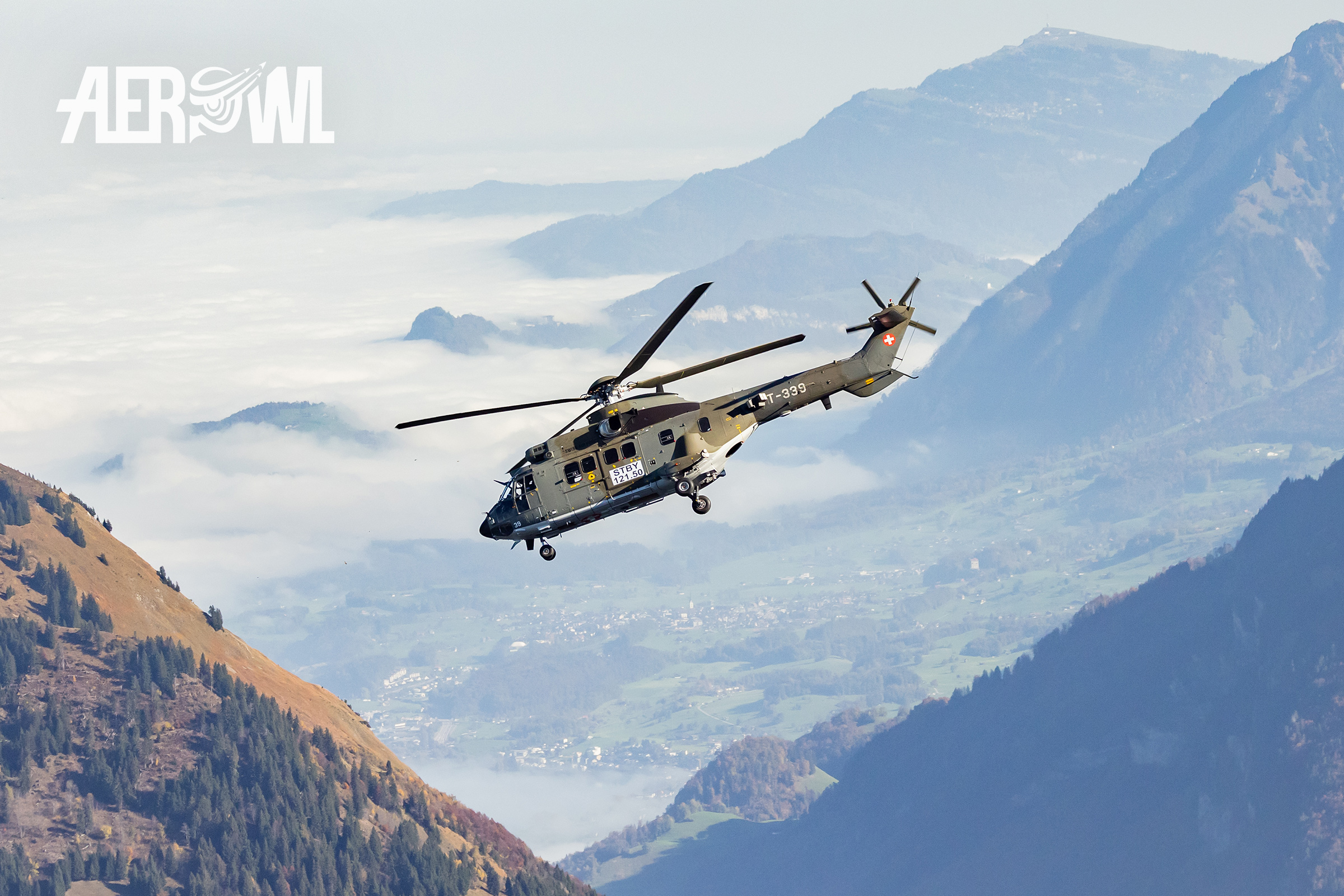A Swiss Air Force Aerospatiale AS332M1 Super Puma (T-339) over Brienz 2022 during the Axalp Fliegerschiessen in the Swiss alps.