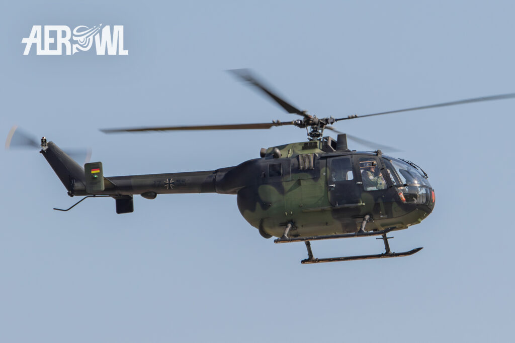 A Bundeswehr Bo 105 air display during the ILA 2014 at the BER airport Berlin-Brandenburg in Germany.