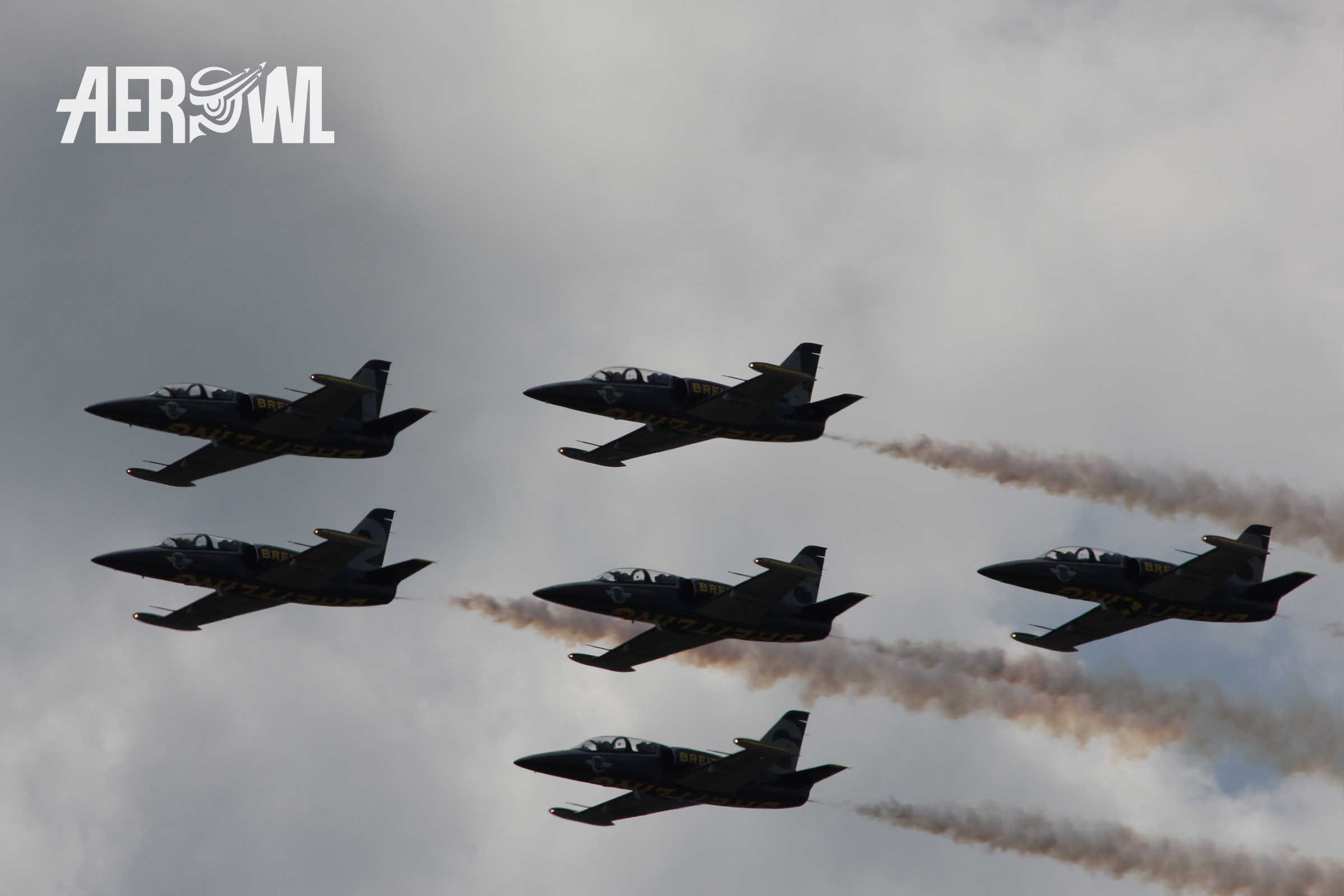 All Aero L-39 Albatros jets of the Breitling Jet Team during the ILA 2014 at the BER airport in Berlin/Brandenburg, Germany.
