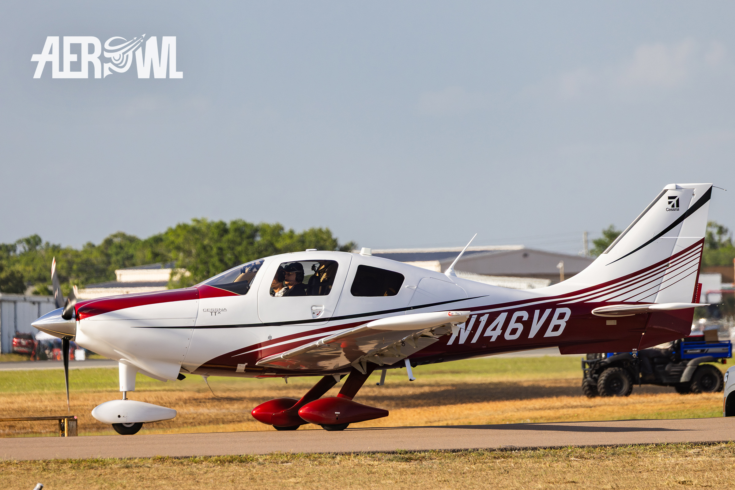 A new Cessna TTx T240 in white and red color on its way to the runway during the Sun'n Fun 2025 in Lakeland, Florida.