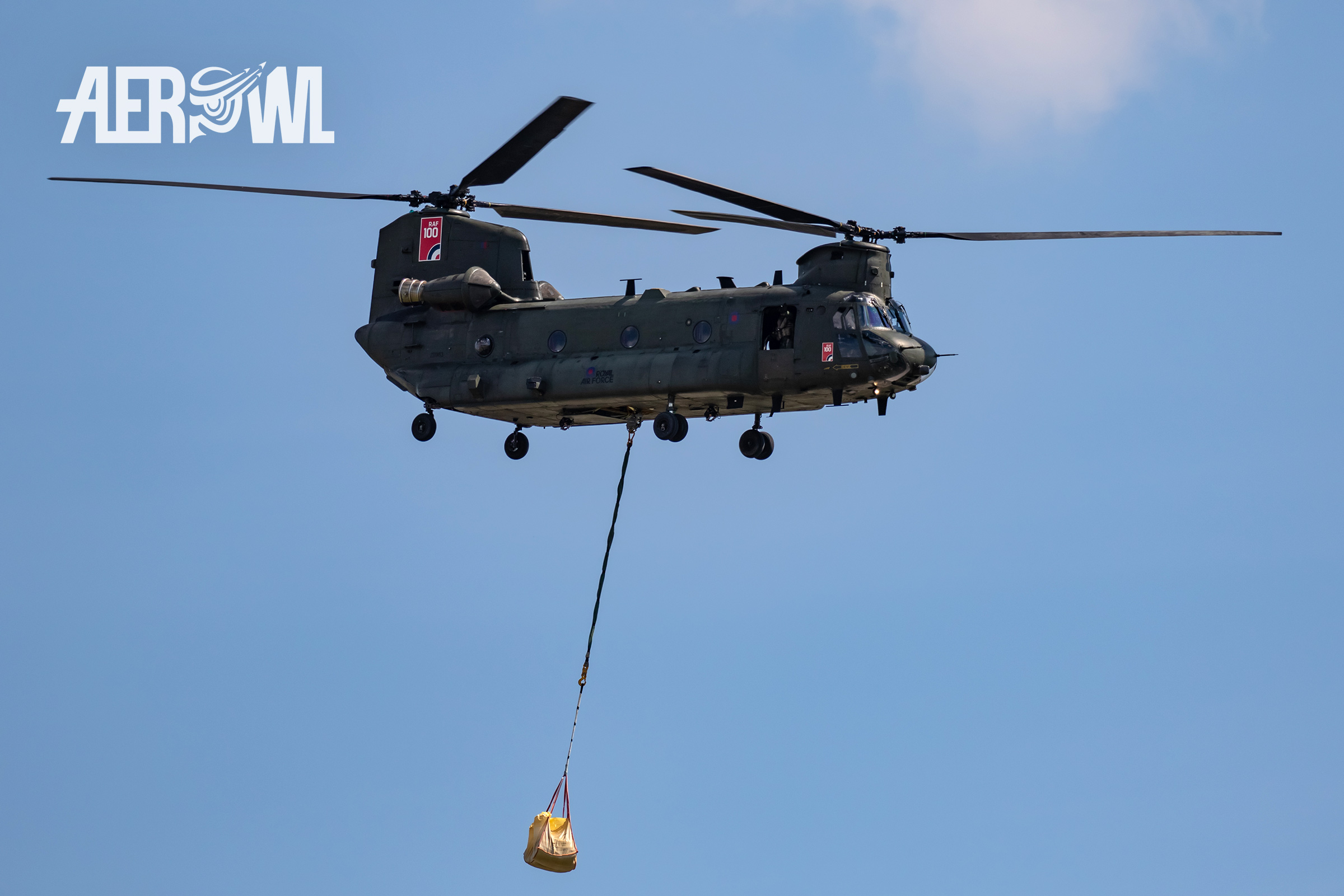 A Royal Air Force Boeing-Vertol CH-47 Chinook transports cargo at the BER airport Berlin-Brandenburg in Germany during the ILA 2018.
