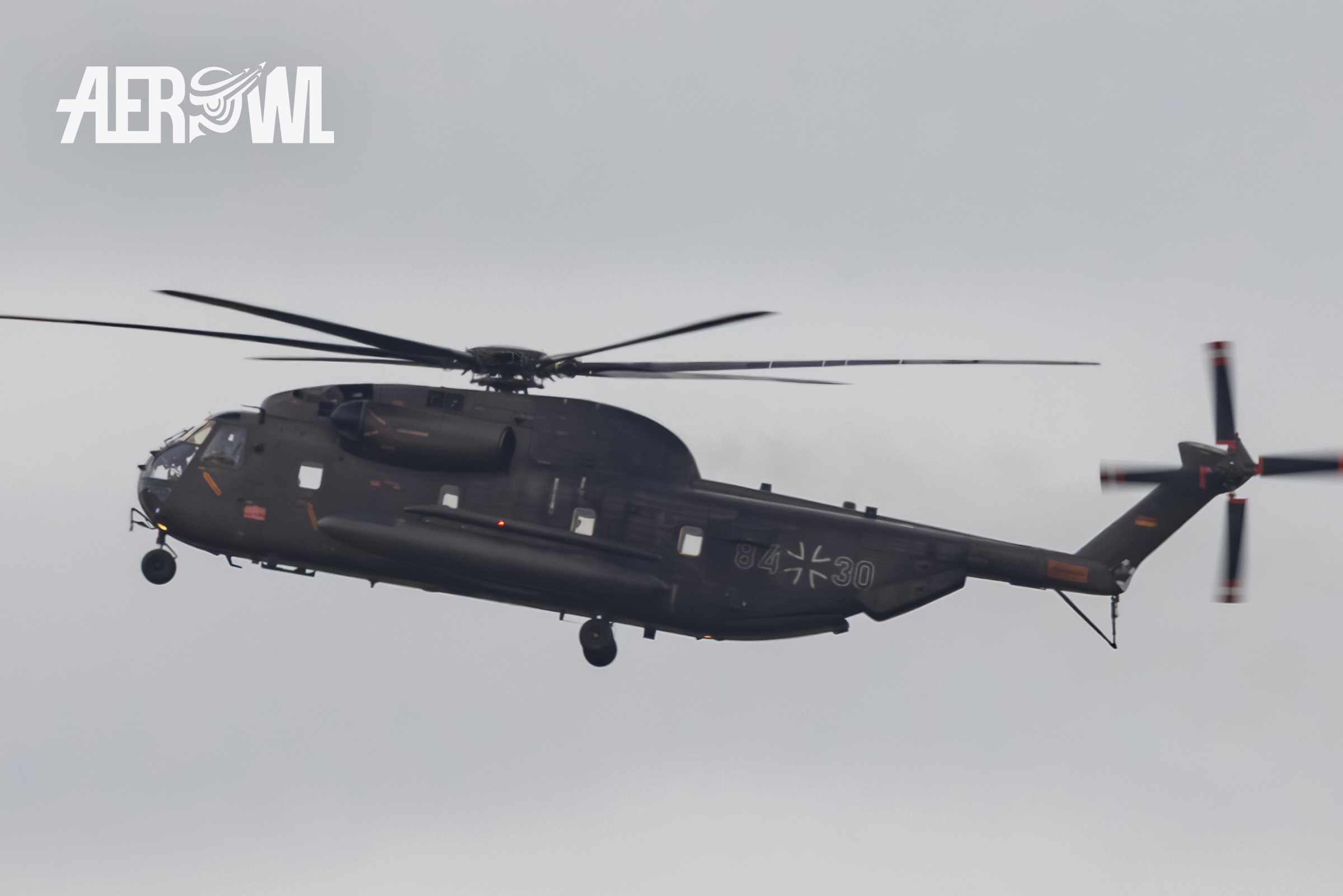 The biggest helicopter off the Bundeswehr, a Sikorsky CH-53 Super Stalion appears to the air display "Leistungsdemonstration" during the German Armed Forces Day (Tag der Bundeswehr) 2025 in Jagel, Schleswig-Holstein, Germany.