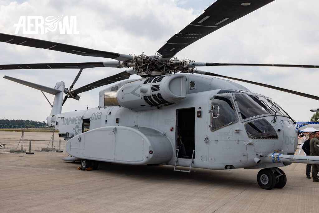 A huge Sikorsky CH-53K King Stallion static diplay during the ILA 2018 at the BER airport Berlin-Brandenburg in Germany.