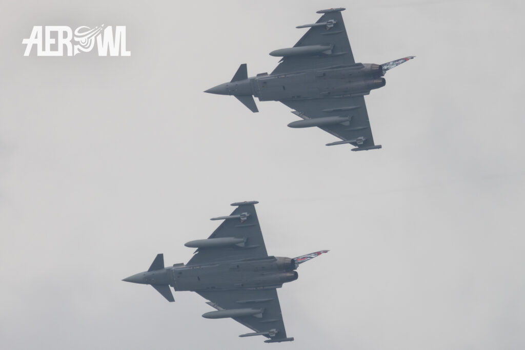 Two Eurofighter Typhoon of the Austrian Air Force turning during the airshow over the Hinterstoisser airbase at the AirPower24 in Zeltweg, Austria.