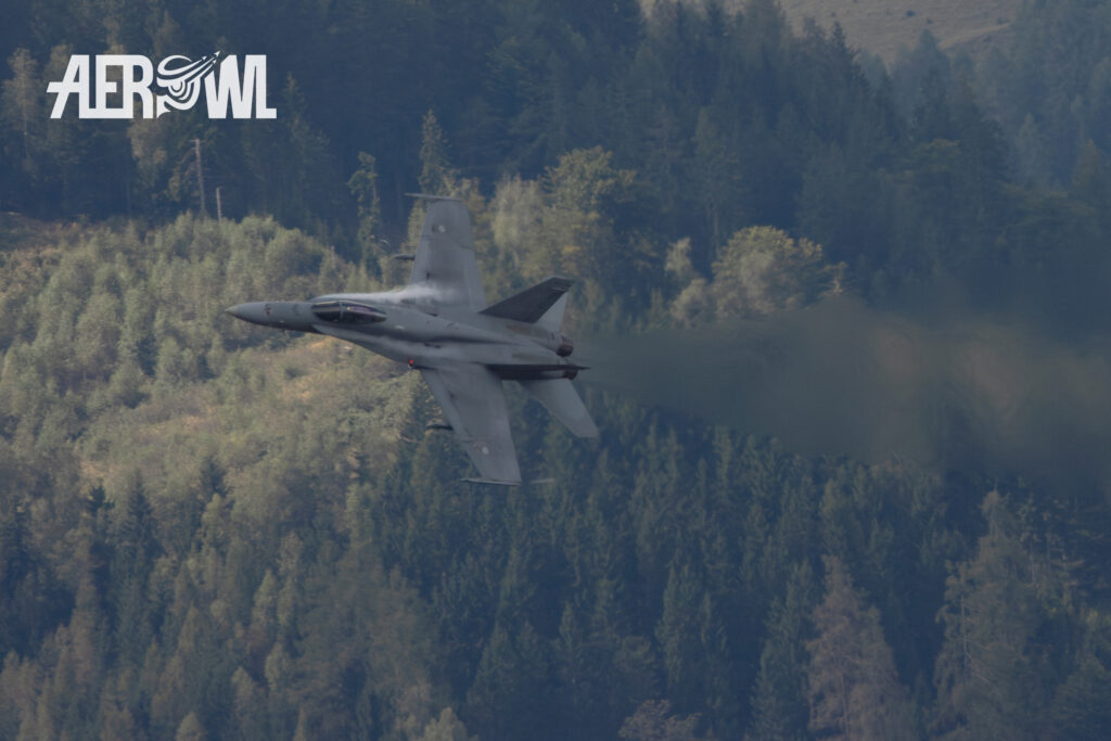 A Boeing F/A-18C Hornet of the Finish Air Force turning during the AirPower24 in Zeltweg, Austria.