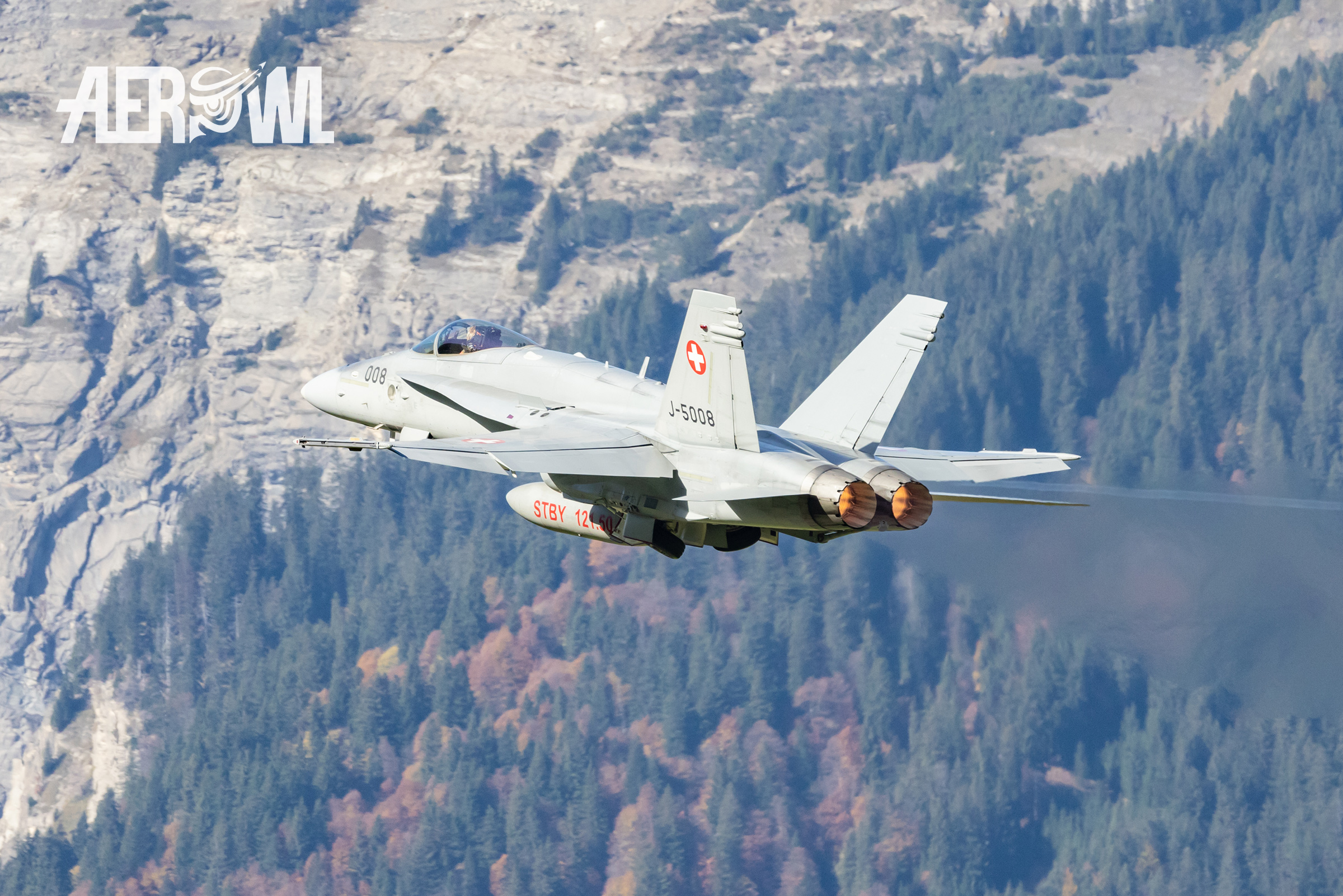 Take-off of a Boeing F/A-18C Hornet of the Swiss Air Force at Meiringen airfield (LSMM) in Meiringen, Switzerland 2022.