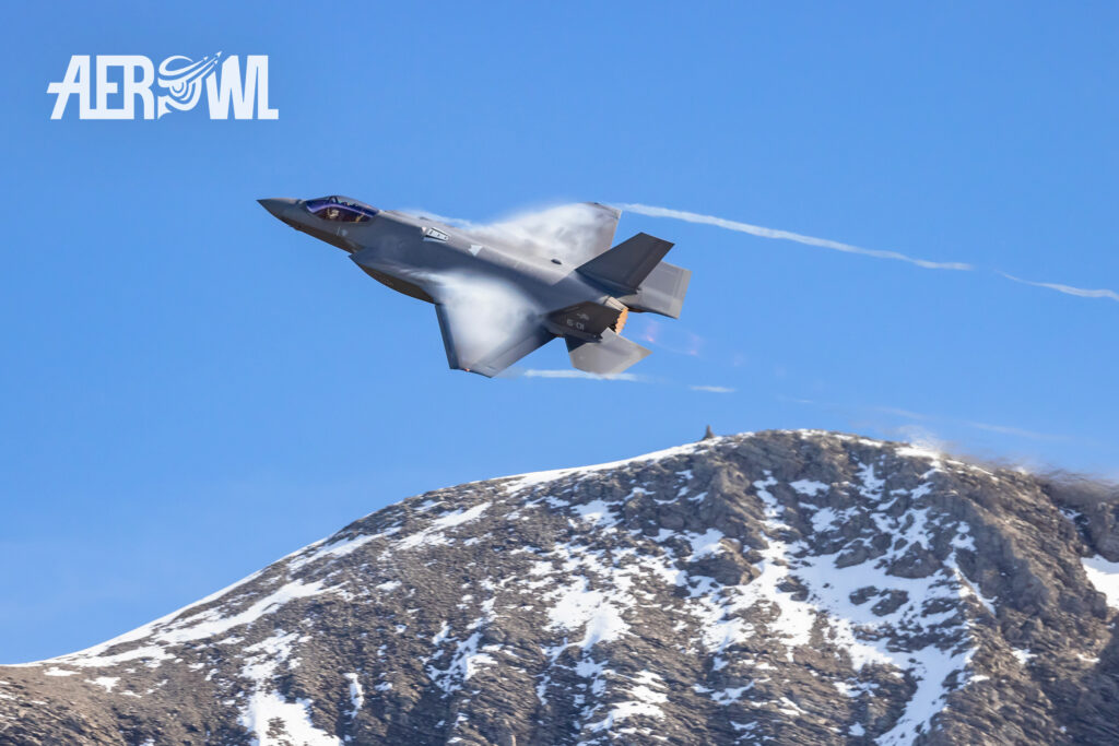 An Italian Air Force Lockheed Martin F-35A Lightning II performing a tactical pitch during the Axalp 2022 over the Ebenfluh in the Swiss mountains.
