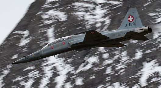 A Northrop F-5E-Tiger II of the Swiss Air Force after firing its 2x M39A2 20mm cannons at the Axalp Fliegerschiessen 2018 in the Swiss Alps.