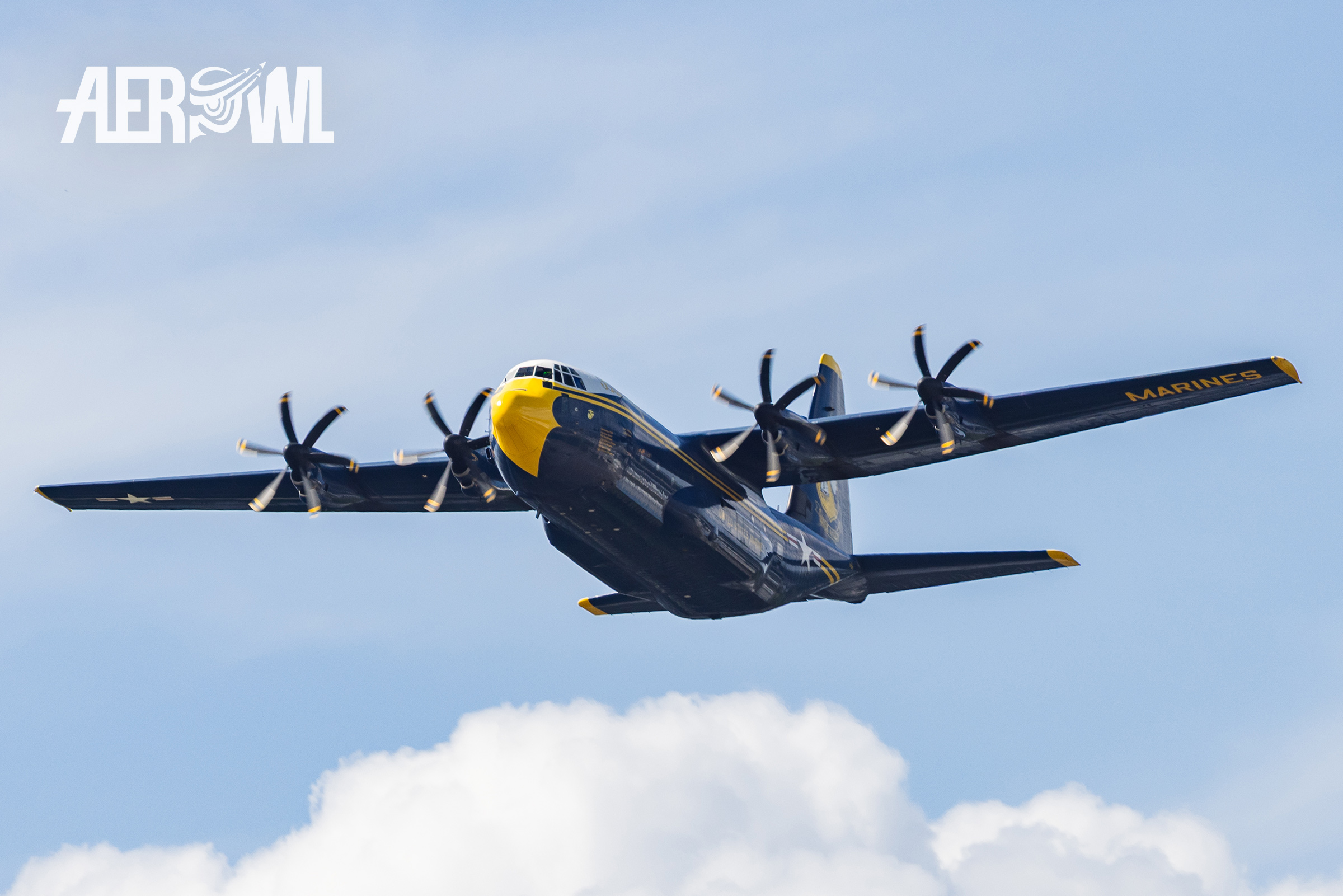 Lockheed C-130J Hercules "Fat Albert" from the Blue Angels flies past at the Sun´n Fun 2025 in Lakeland Florida.