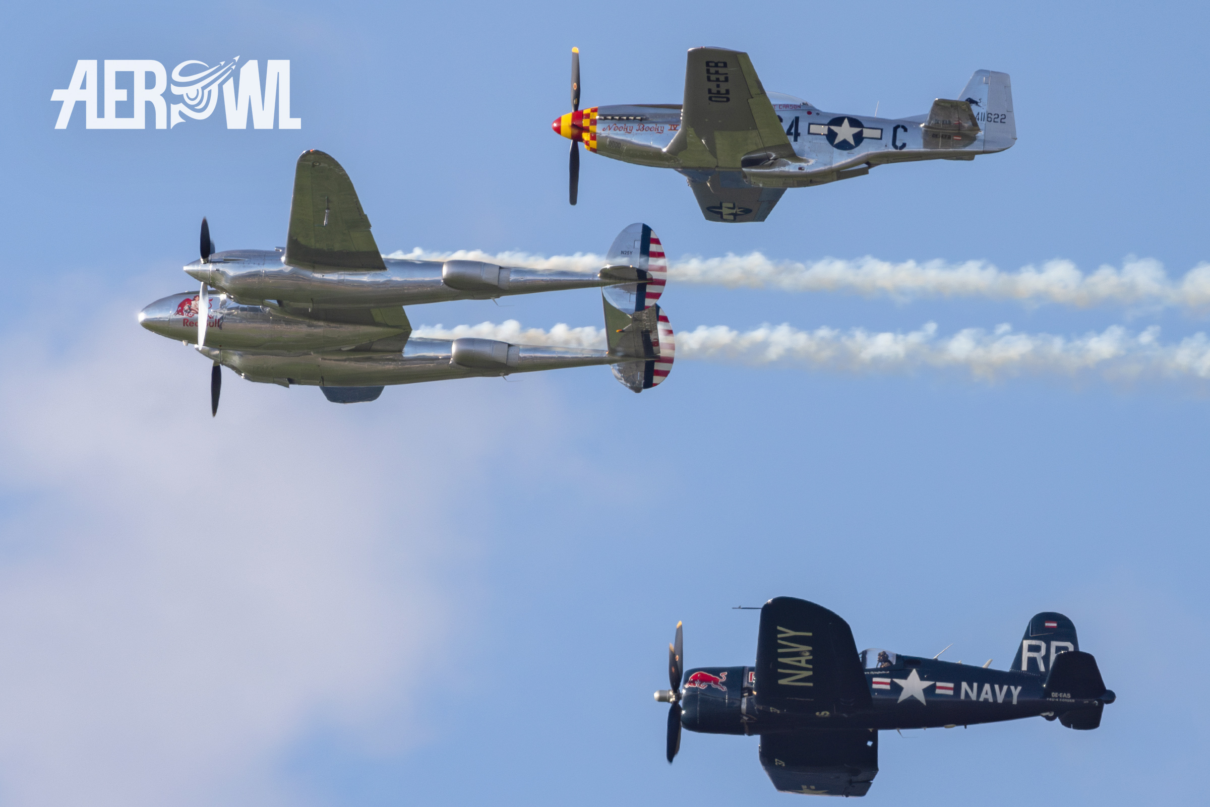 Three planes of the Flying Bulls Fixed Wing Formation during their air display over the Hinterstoisser airbase at the AirPower24 in Zeltweg, Austria.