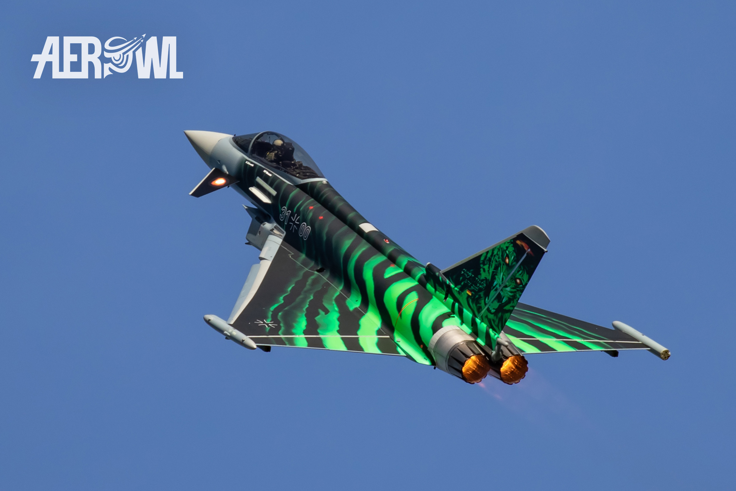 Eurofighter Typhoon "Ghost Tiger" of the German Air Force take-off with after burner to its air display during the ILA 2018 in Berlin, Germany.