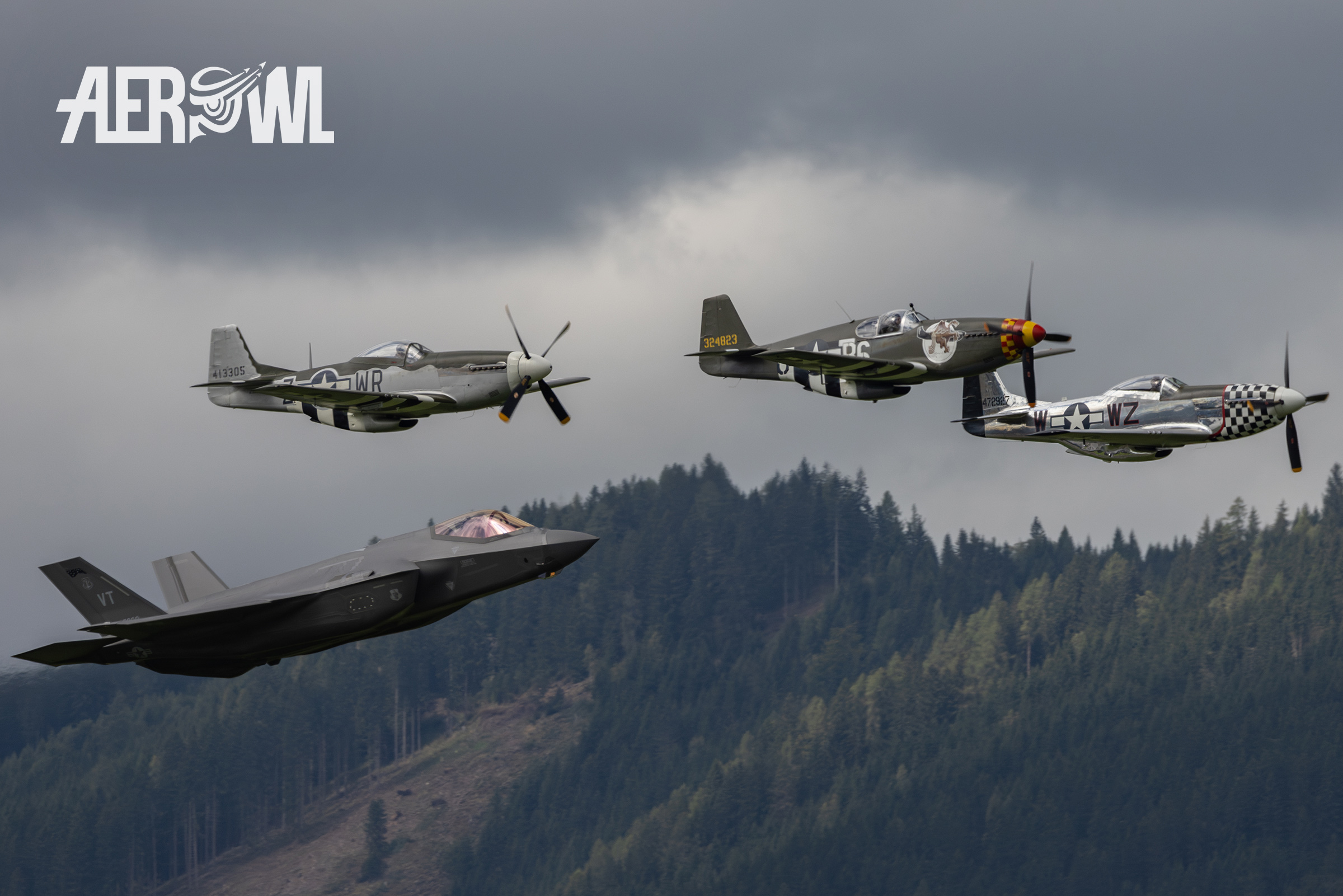 A USAF Heritage Flight demo with 3x P51 Mustangs and an Lockheed Martin F-35A Lightning II at the AirPower24 in Zeltweg, Austria.