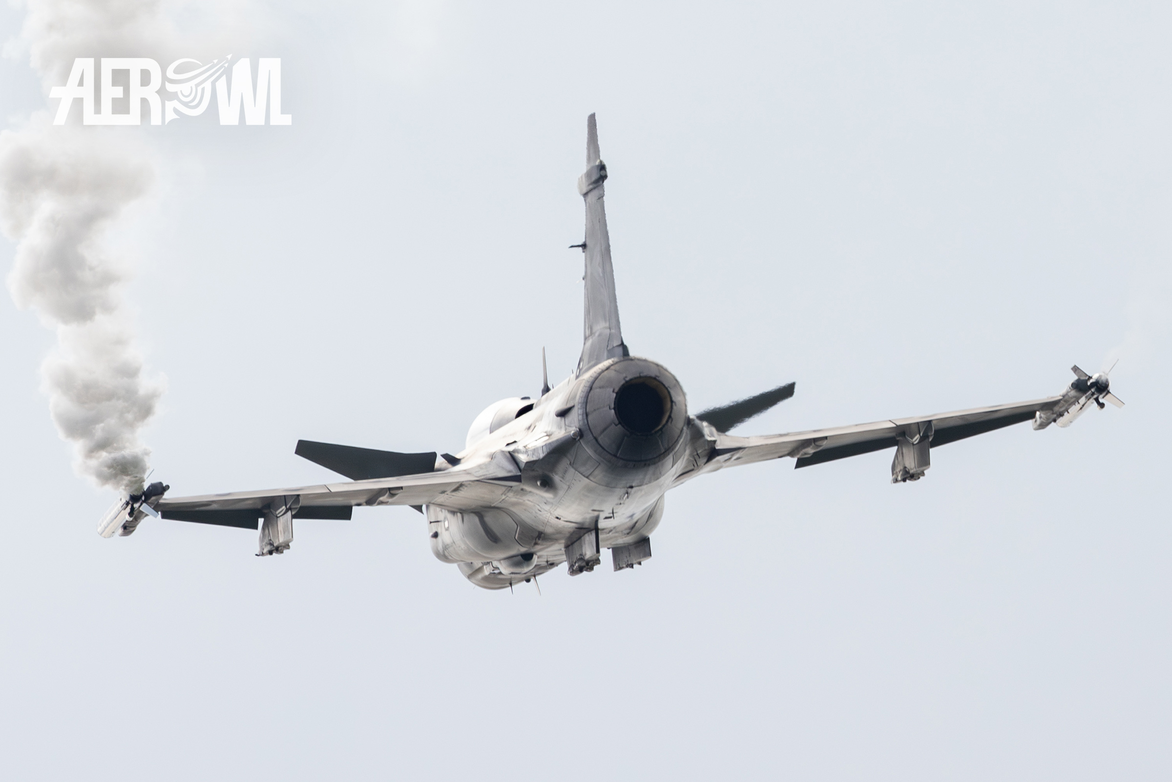 Saab JAS-39C Gripen (9242) of the Czech Air Force from behind during its flight demonstration at AirPower24 in Zeltweg, Austria.
