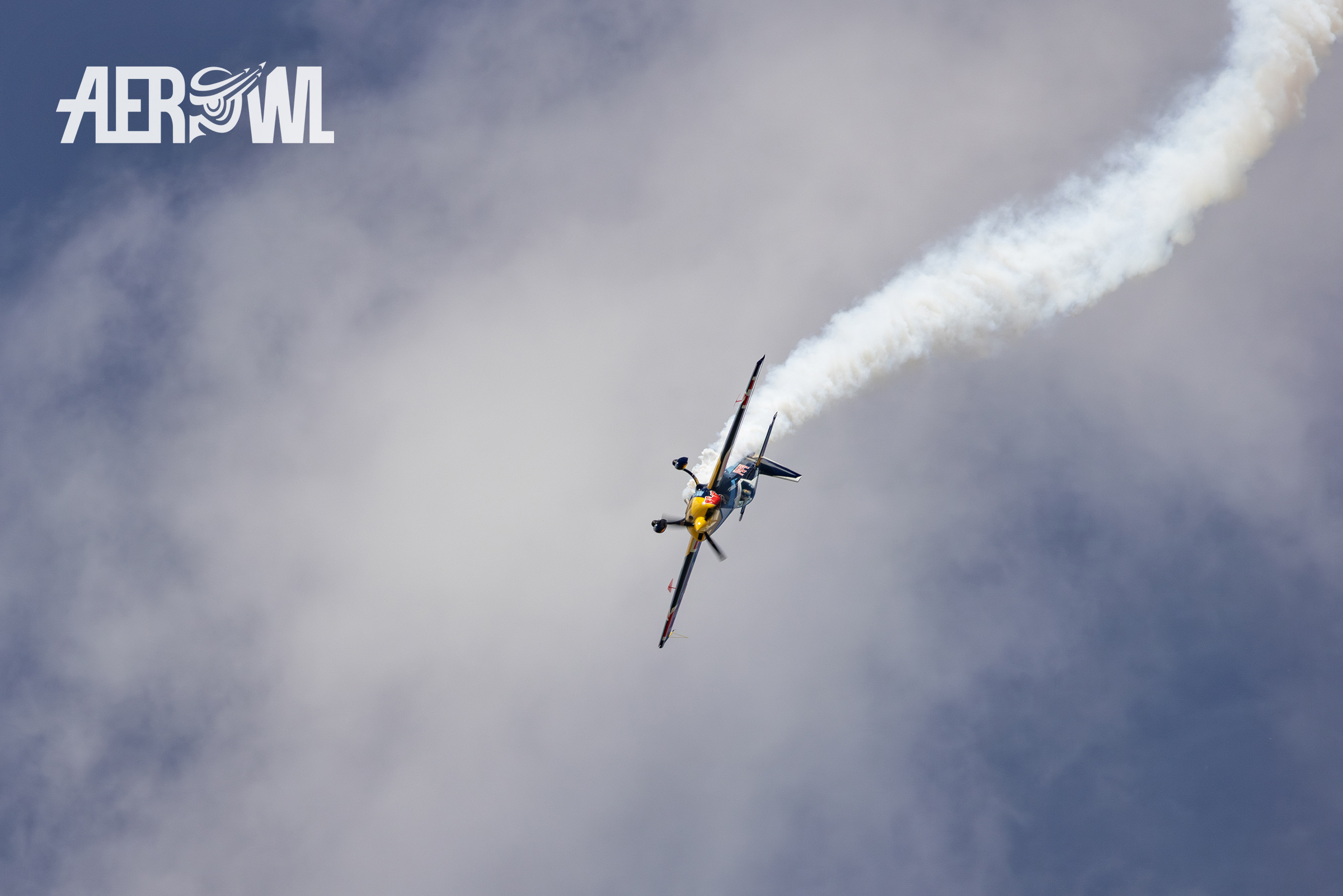 Aerobatics pro pilot Kevin Coleman diving his Red Bull colored Extra 330 in a spectacular air display at the Sun´n Fun 2025 in Lakeland, Florida.