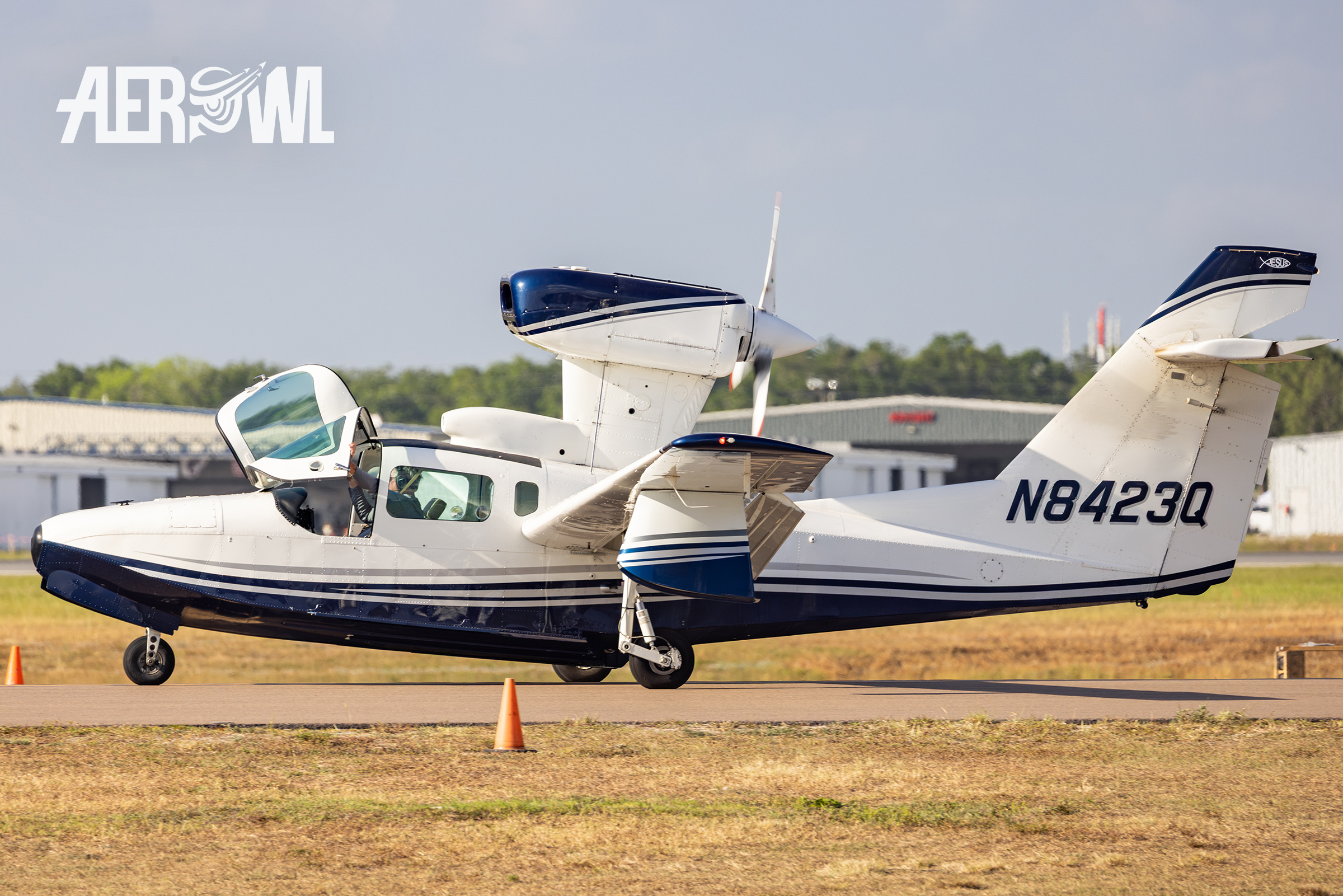 A Lake LA-250 Renegade amphibious utility aircraft on its way to the runway during the Sun'n Fun 2025 in Lakeland, Florida.