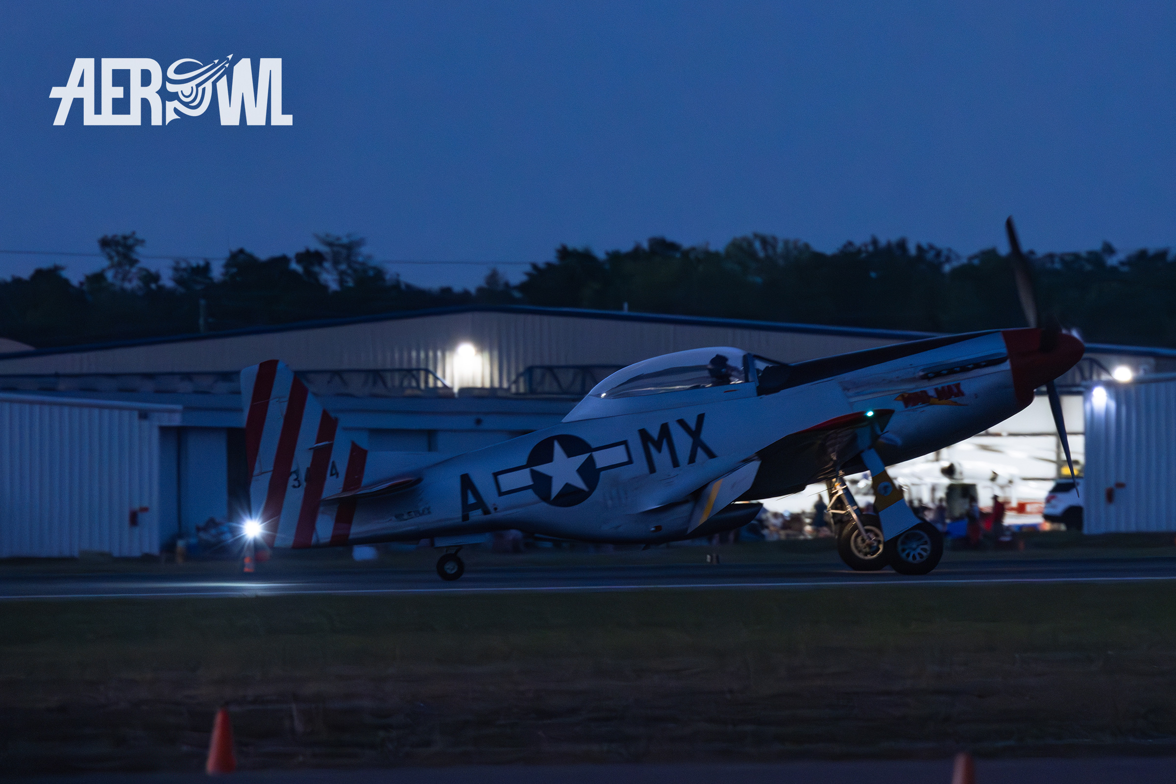 The North American P-51D Mustang "Mad Max" taxiing at night during the Sun´n Fun 2025 in Lakeland, Florida.