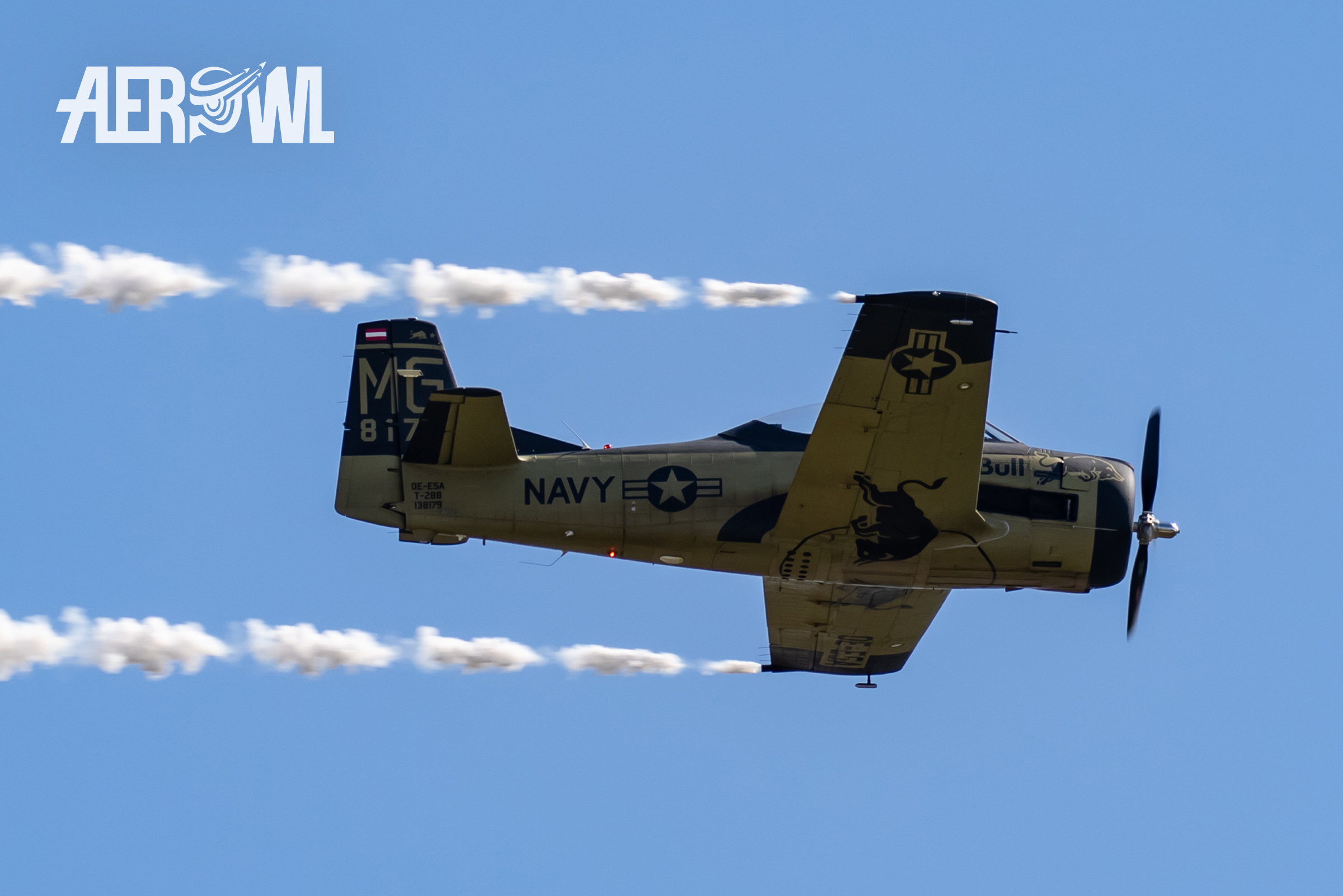 Stunning smoke air display of an North American T-28B Trojan at the ILA 2018 over the BER airport Berlin-Brandenburg in Germany.