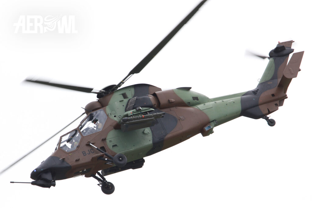 A French Air Force Tiger - HAP (Hรฉlicoptรจre de Combat Polyvalent) during an air display at the ILA 2014 at the BER airport Berlin-Brandenburg in Germany.