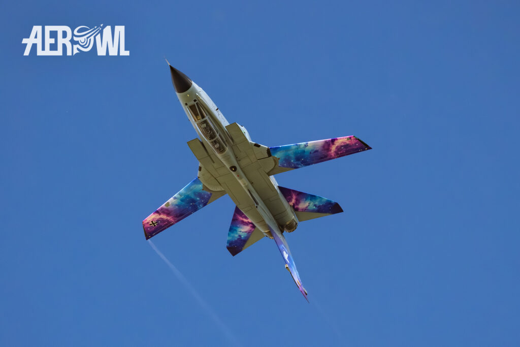 This futuristic-looking Tornado IDS commemorates the 70th anniversary of the German Air Force, from 1956 to 2026. The Tornado 45+92 air show during the ILA Berlin 2026 at BER Airport Berlin Brandenburg.