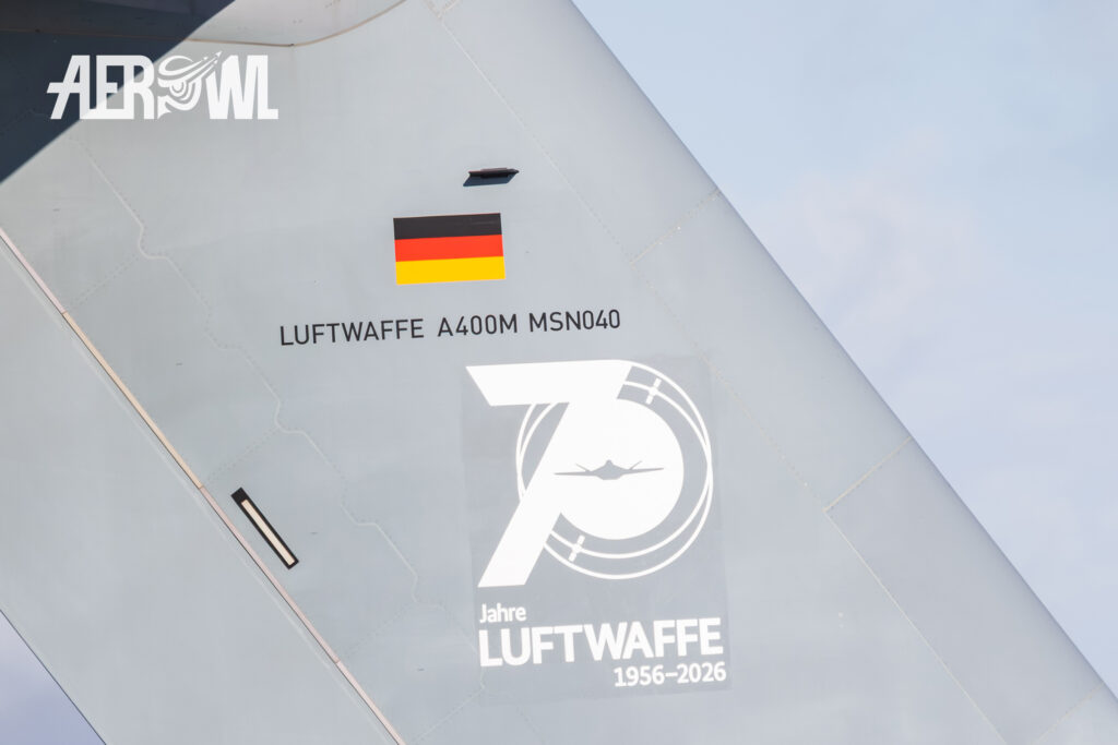 Art commemorating the 70th anniversary on the rudder of an A-400M Atlas parked in the static display area at Fliegerhorst Laage during the Tag der Bundeswehr 2026.