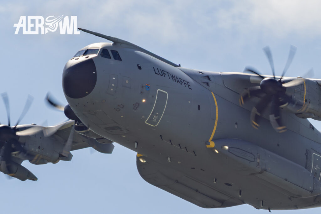 The Airbus A-400M Atlas bids farewell on the flight line after its solo display during the Tag der Bundeswehr 2026 at Fliegerhorst Laage in Germany.