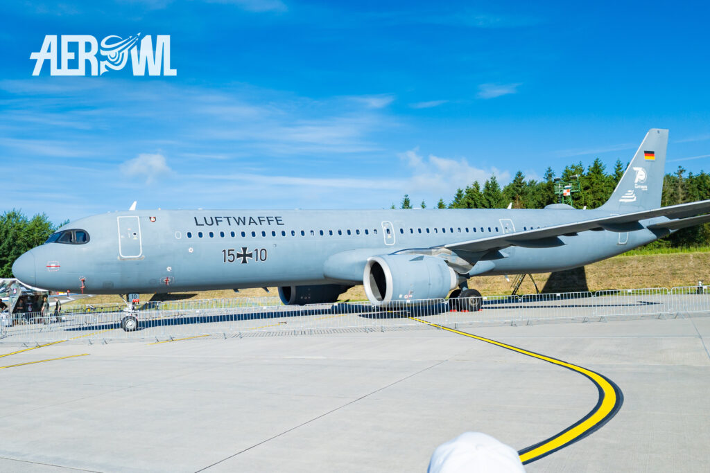 An Airbus A321 LR belonging to the Luftwaffe parked in the western section of Fliegerhorst Laage during the Tag der Bundeswehr 2026.