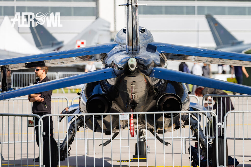 The tail of the Top Aces Alpha Jet parked during the Tag der Bundeswehr 2026 at Fliegerhorst Laage in Germany.