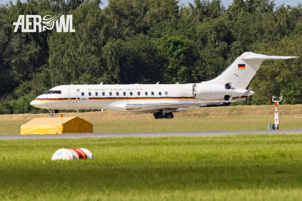 Friedrich Merz arriving to deliver his speech in a Global 5000 at the Tag der Bundeswehr 2026 at Fliegerhorst Laage, Germany.