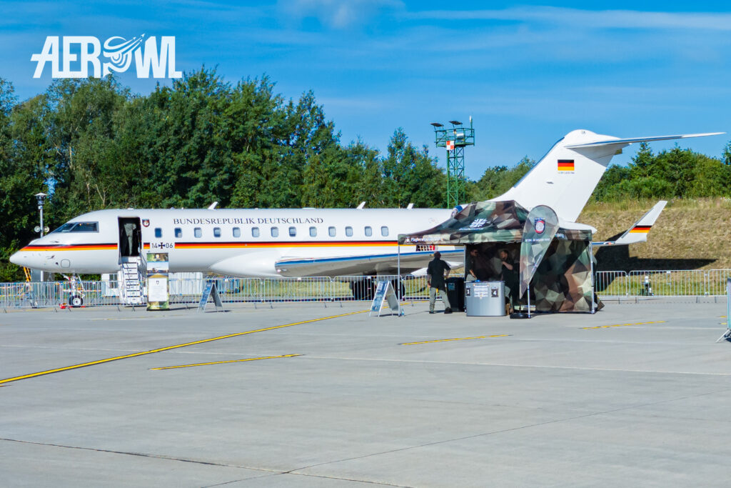 A Bombardier Global 6000 parked in the western section of Fliegerhorst Laage during the Tag der Bundeswehr 2026.