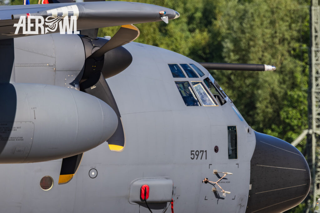 A close-up of the front section of a Lockheed C-130J Super Hercules at Fliegerhorst Laage - Tactical Air Force Wing 73 - during the Tag der Bundeswehr 2026 in Germany.