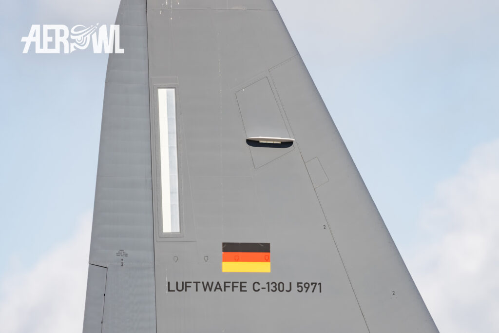 The large rudder of a C-130J “Super Herc” parked in the western zone of Fliegerhorst Laage during the Tag der Bundeswehr 2026.