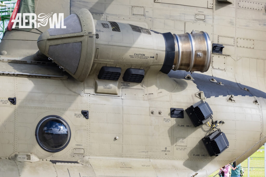 Engine view of a Royal Dutch Air Force CH-47F Chinook at Fliegerhorst Laage - Tactical Air Force Wing 73 - during the Tag der Bundeswehr 2026 in Germany.