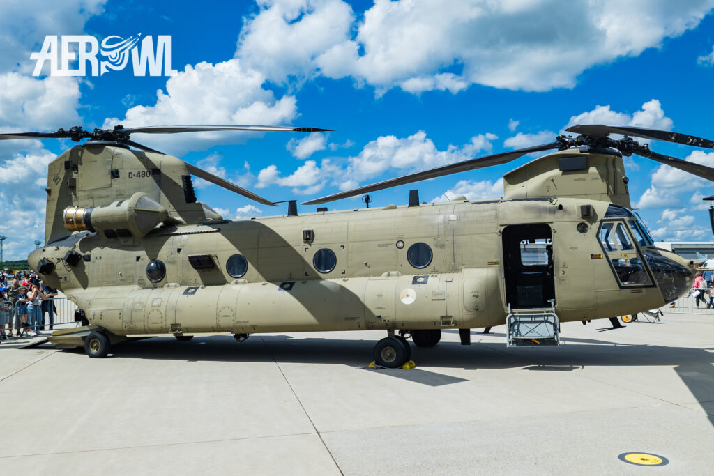 A Royal Dutch Air Force CH-47F Chinook parked at Fliegerhorst Laage—Tactical Air Force Wing 73—during the Tag der Bundeswehr 2026 in Germany.