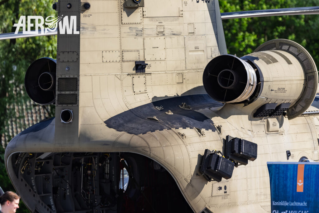 The rear of a Royal Dutch Air Force CH-47 Chinook parked at Fliegerhorst Laage - Tactical Air Force Wing 73 - during the Tag der Bundeswehr 2026 in Germany.