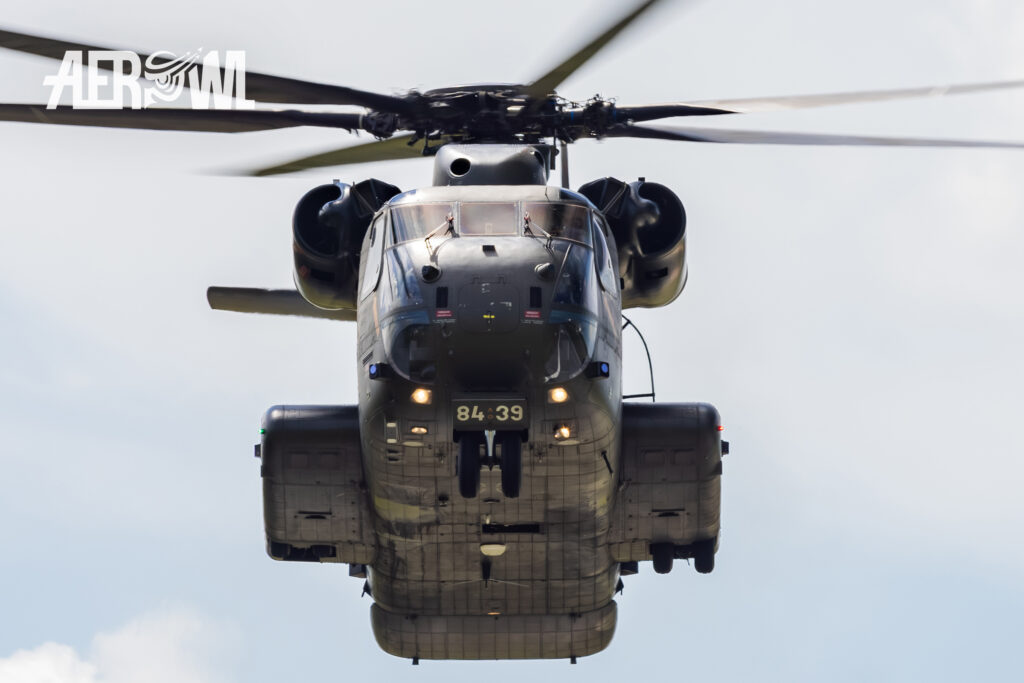 Front view of the Bundeswehr CH-53GA during its air display at the Tag der Bundeswehr 2026 at the Fliegerhorst Laage in Germany.