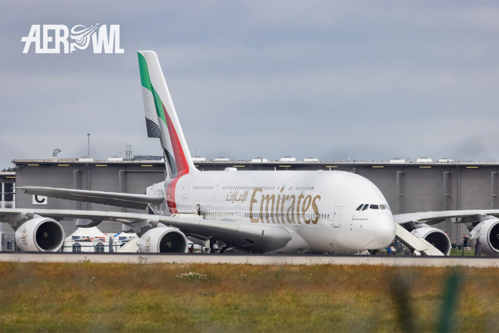 A big Emirate Airbus A380-800 waiting for the first guests at the ILA Berlin 2026 at the BER Airport Berlin Brandenburg.