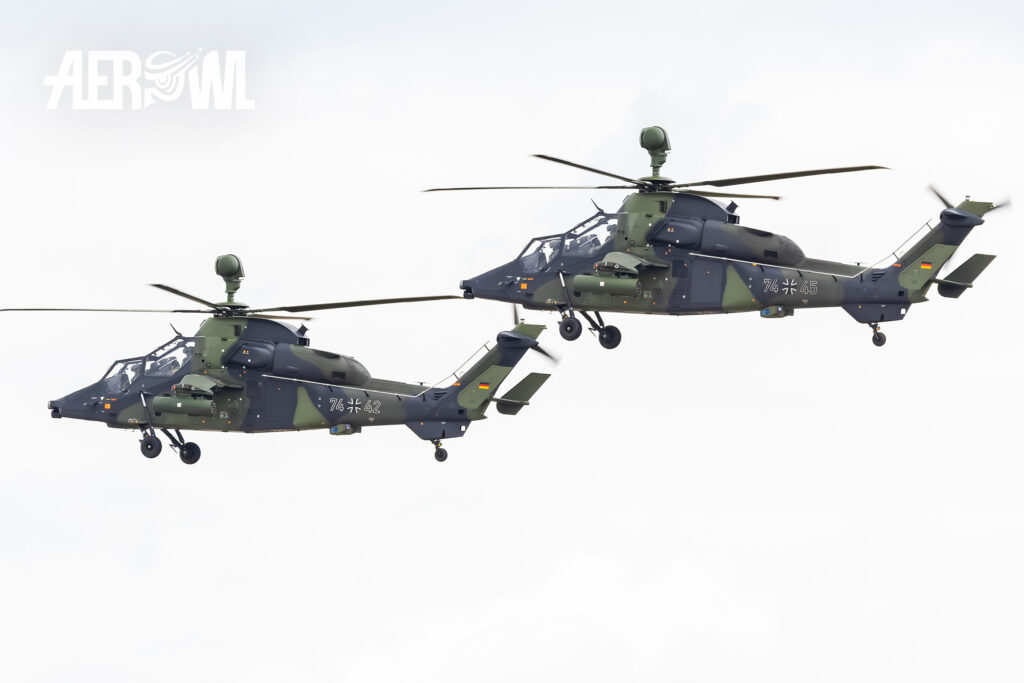 Two Eurocopter EC 665 Tiger UHT showing up for the next Tiger air display at the ILA Berlin 2026 over the south runway of the BER Airport Berlin Brandenburg.