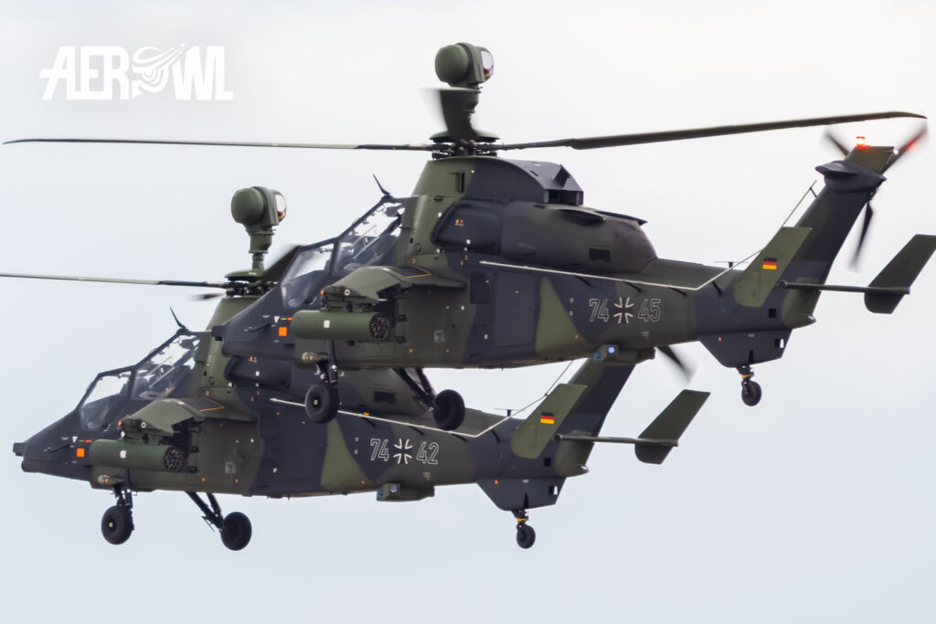 Another view of the two Eurocopter EC 665 Tiger UHT helicopters during the Tiger air show at the ILA Berlin 2026 at BER Airport Berlin Brandenburg.