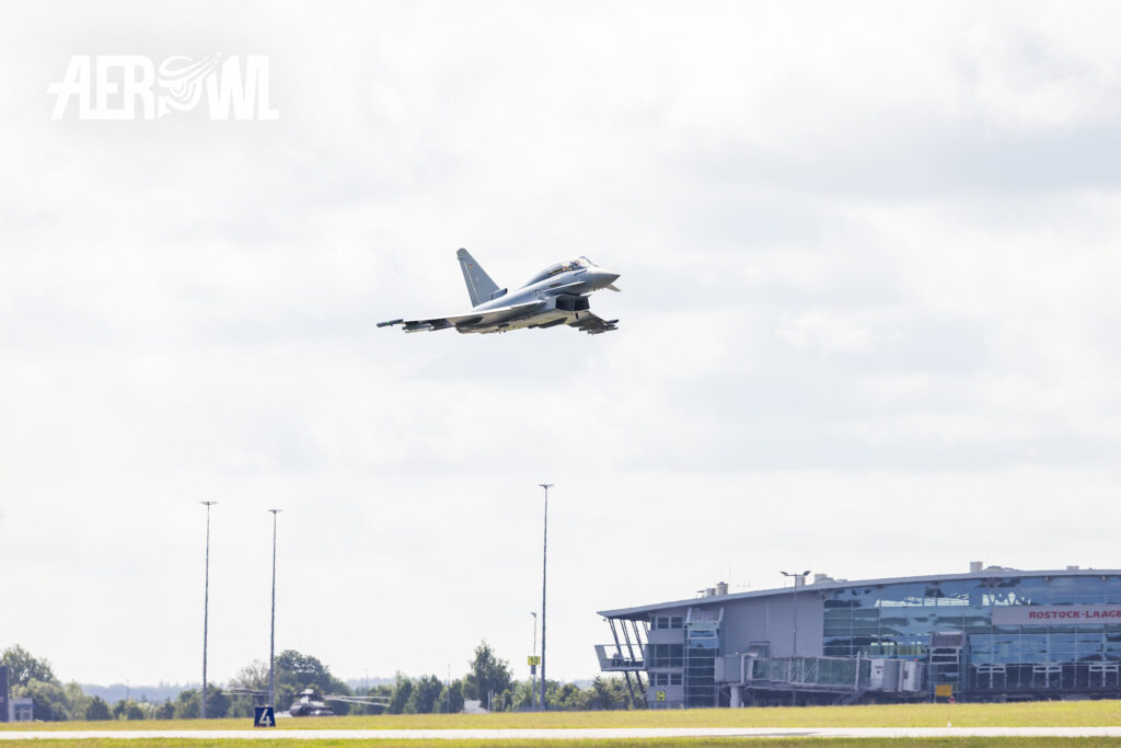 Takeoff for the first air show by the Tactical Air Force Wing 73 Eurofighter at the Tag der Bundeswehr 2026 in Laage, Germany.