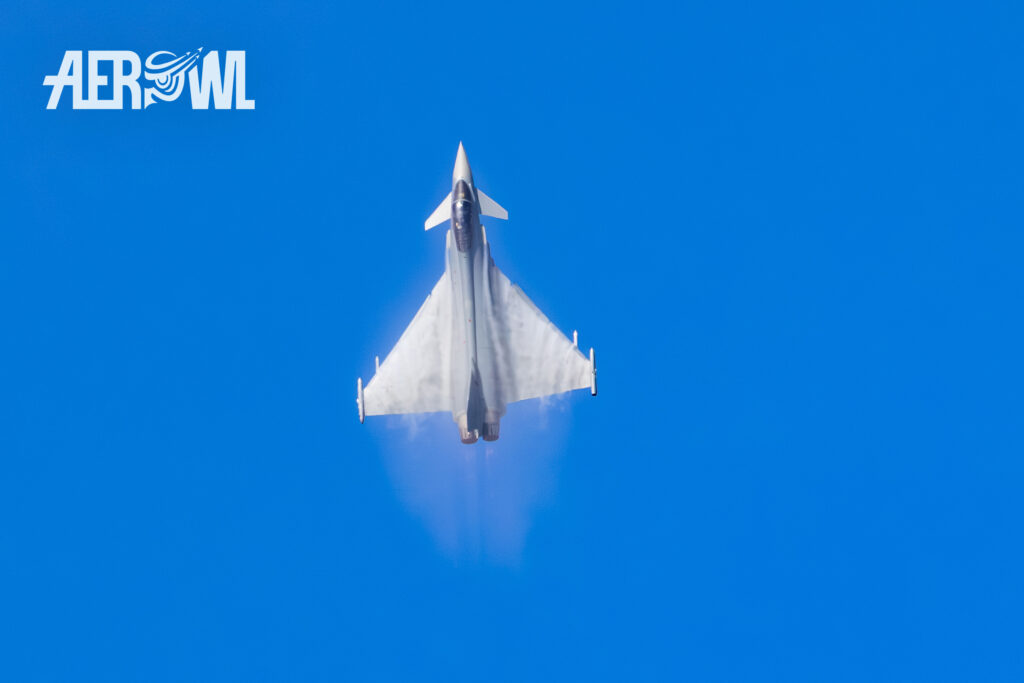 Fast climbing Eurofighter Typhoon trainer version during the Tag der Bundeswehr 2026 at the Fliegerhorst Laage - Tactical Air Force Wing 73 in Germany.