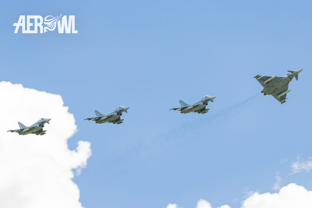 Four Eurofighter Typhoon in line during the Tag der Bundeswehr 2026 at the Fliegerhorst Laage - Tactical Air Force Wing 73 in Germany.