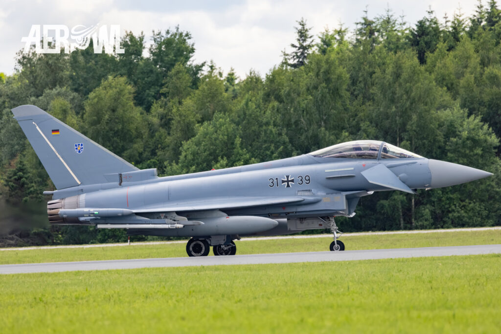 Eurofighter Typhoon T-version rolling out after its display during the Tag der Bundeswehr 2026 at Fliegerhorst Laage—Tactical Air Force Wing 73 in Germany.