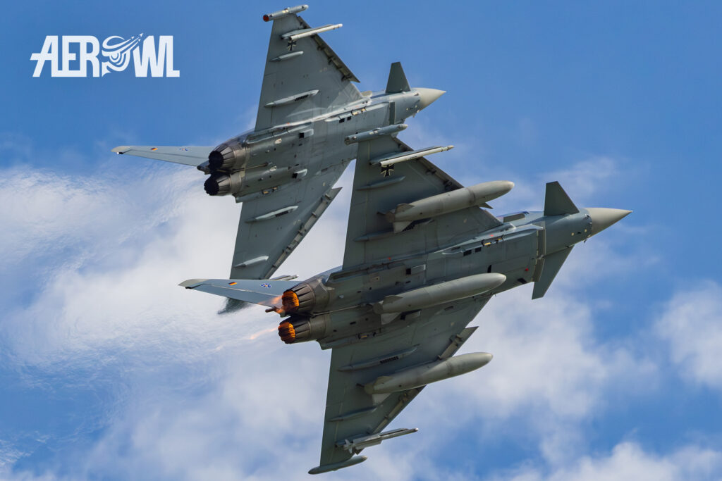 Two Eurofighter Typhoons with afterburners turning left after the spectacular show. Photographed during the Tag der Bundeswehr 2026 at Fliegerhorst Laage —Tactical Air Force Wing 73 in Germany.