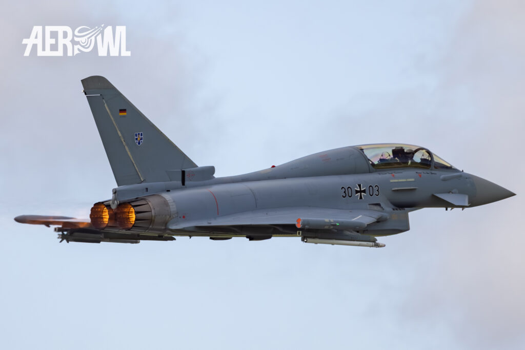 A shot of an Eurofighter Typhoon taking off during the Tag der Bundeswehr 2026 at Fliegerhorst Laage—Tactical Air Force Wing 73 in Germany.