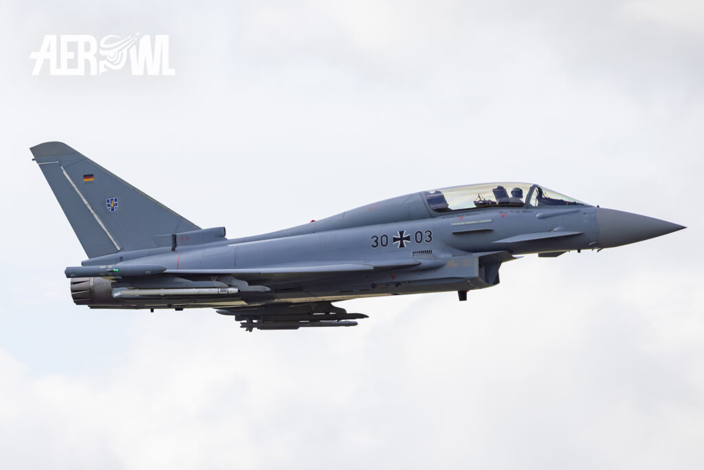 Flyby of an Eurofighter Trainer version during the Tag der Bundeswehr 2026 at the Fliegerhorst Laage in Germany.