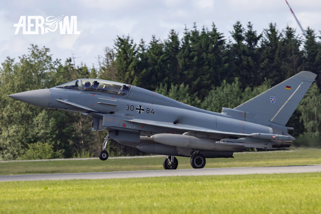 A landing Eurofighter Typhoon T-version during the Tag der Bundeswehr 2026 at the Fliegerhorst Laage - Tactical Air Force Wing 73 in Germany.
