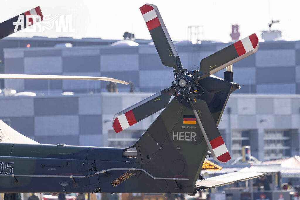 The tail rotor of a Bundeswehr NH90 helicopter in the static display area at the Tag der Bundeswehr 2026 at Fliegerhorst Laage - Tactical Air Force Wing 73.