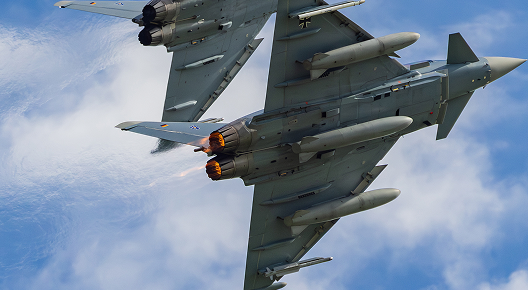 Two Eurofighter Typhoons turning left after the spectacular show. Photographed at the Tag der Bundeswehr 2026 at Fliegerhorst Laage —Tactical Air Force Wing 73 in Germany.